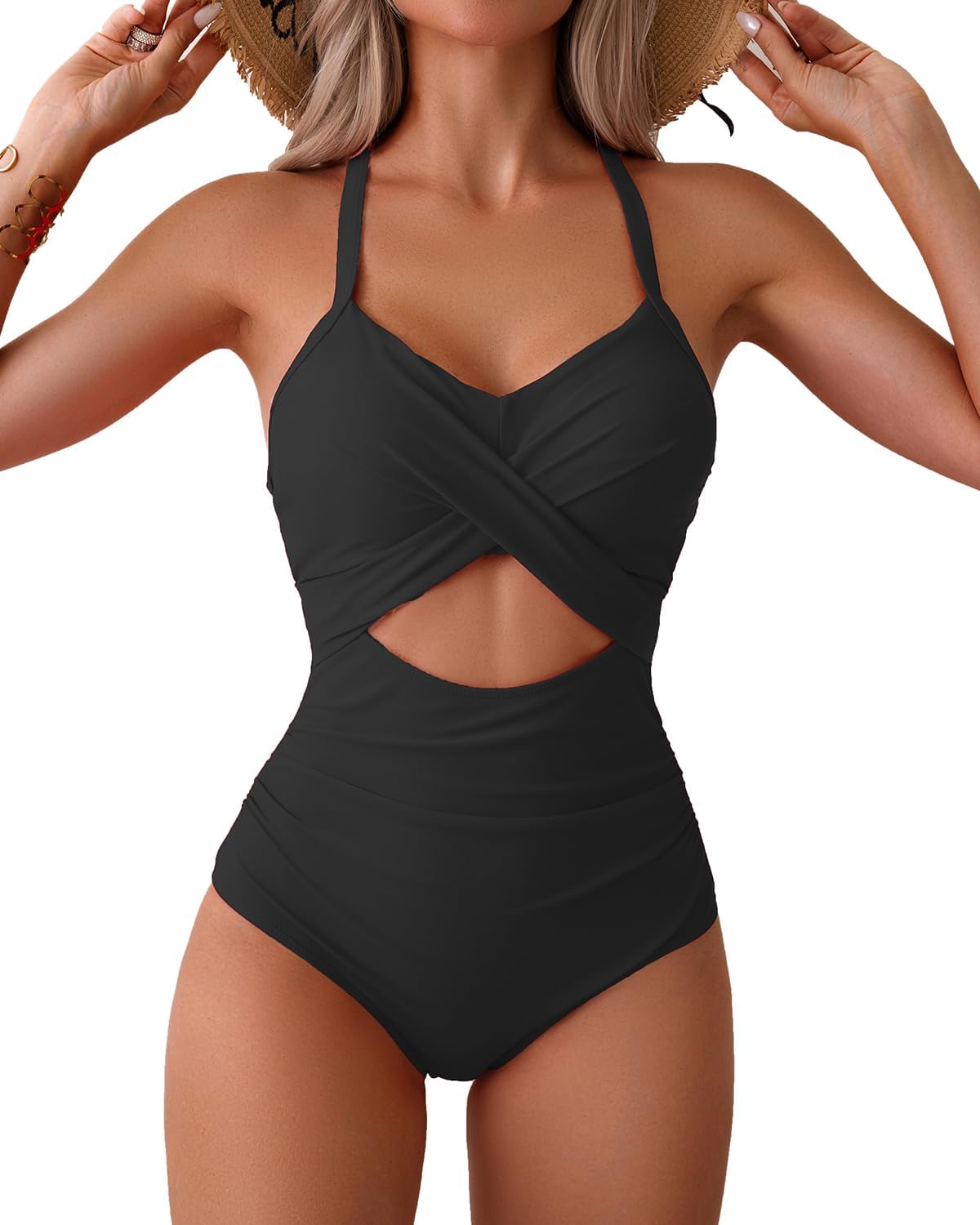 Limeeke Women Cutout One Piece Swimsuit Tummy Control High Waisted Swimwear Wrap Tie Back Bathing Suit